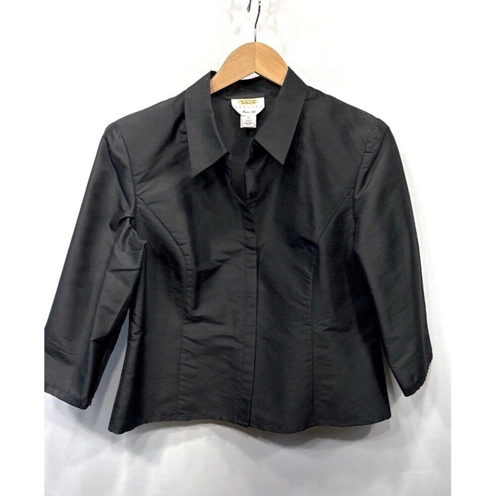 Vintage Talbots Petites Silk Blouse Black Button Front 3/4 Sleeve Women’s 12P